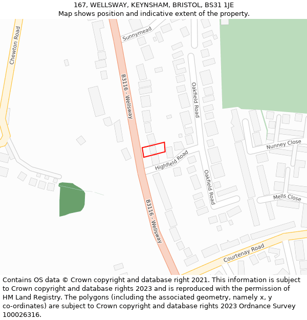 167, WELLSWAY, KEYNSHAM, BRISTOL, BS31 1JE: Location map and indicative extent of plot