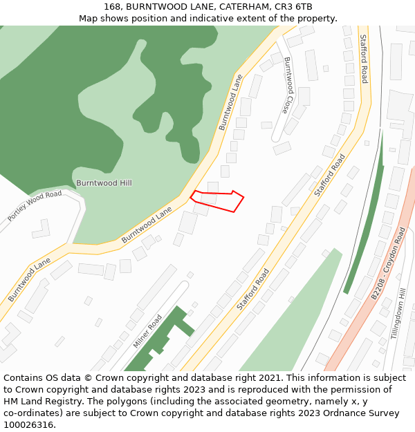 168, BURNTWOOD LANE, CATERHAM, CR3 6TB: Location map and indicative extent of plot