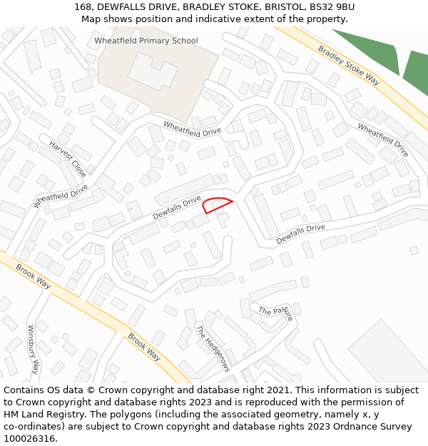 168, DEWFALLS DRIVE, BRADLEY STOKE, BRISTOL, BS32 9BU: Location map and indicative extent of plot