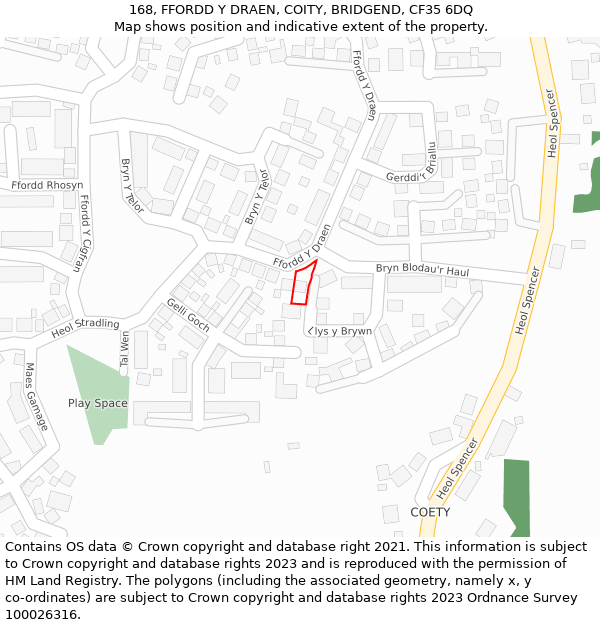 168, FFORDD Y DRAEN, COITY, BRIDGEND, CF35 6DQ: Location map and indicative extent of plot