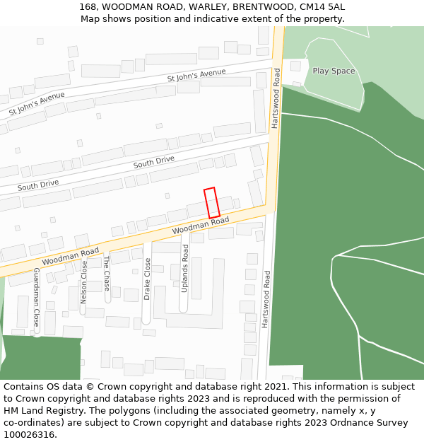168, WOODMAN ROAD, WARLEY, BRENTWOOD, CM14 5AL: Location map and indicative extent of plot