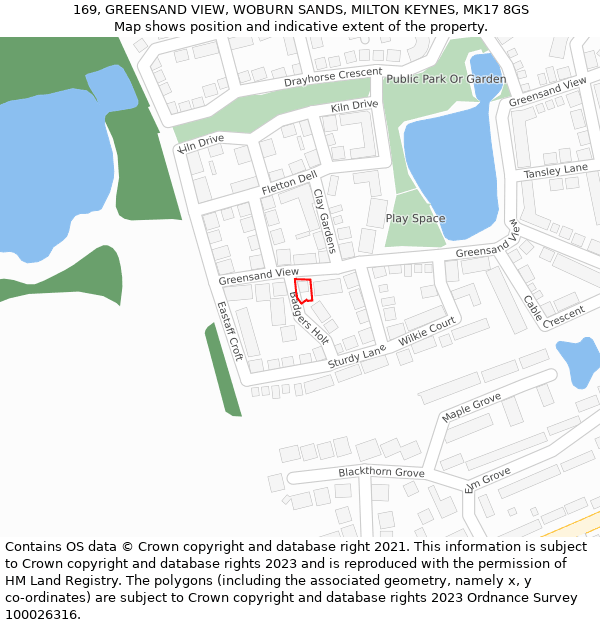 169, GREENSAND VIEW, WOBURN SANDS, MILTON KEYNES, MK17 8GS: Location map and indicative extent of plot