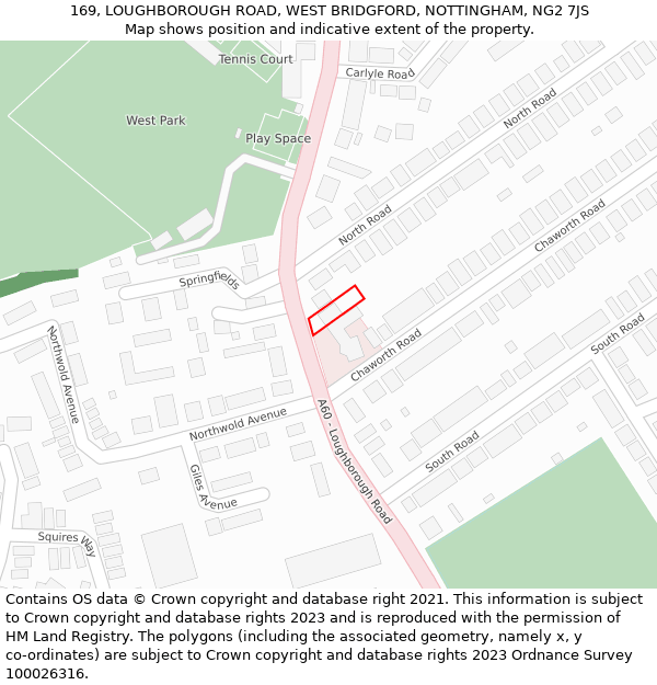 169, LOUGHBOROUGH ROAD, WEST BRIDGFORD, NOTTINGHAM, NG2 7JS: Location map and indicative extent of plot
