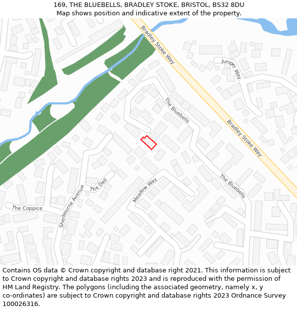 169, THE BLUEBELLS, BRADLEY STOKE, BRISTOL, BS32 8DU: Location map and indicative extent of plot