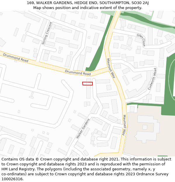 169, WALKER GARDENS, HEDGE END, SOUTHAMPTON, SO30 2AJ: Location map and indicative extent of plot