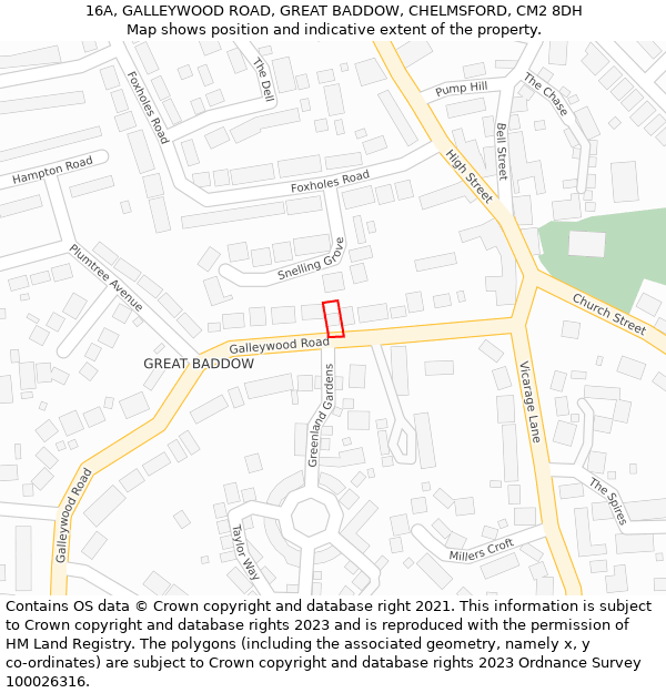 16A, GALLEYWOOD ROAD, GREAT BADDOW, CHELMSFORD, CM2 8DH: Location map and indicative extent of plot