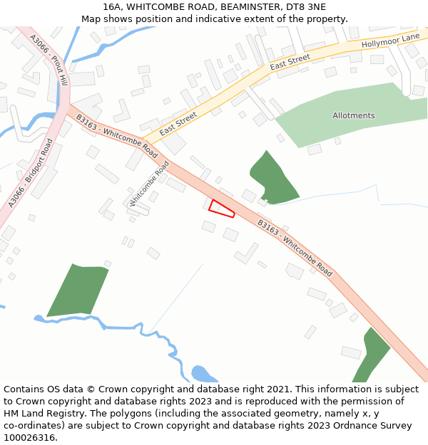 16A, WHITCOMBE ROAD, BEAMINSTER, DT8 3NE: Location map and indicative extent of plot