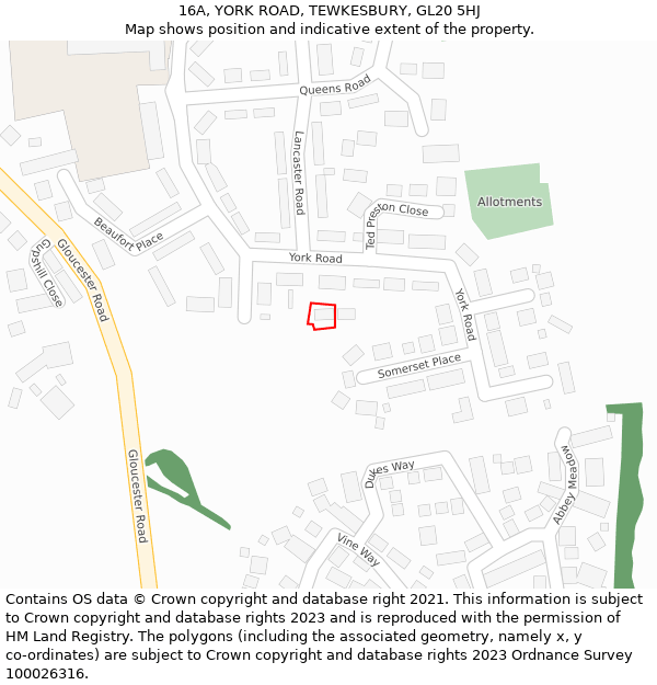 16A, YORK ROAD, TEWKESBURY, GL20 5HJ: Location map and indicative extent of plot