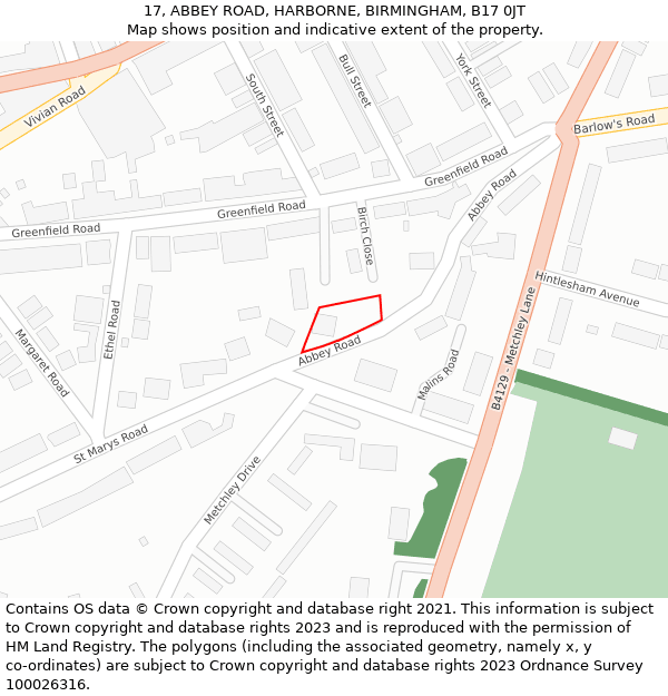 17, ABBEY ROAD, HARBORNE, BIRMINGHAM, B17 0JT: Location map and indicative extent of plot