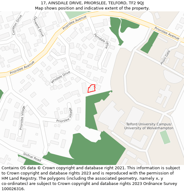 17, AINSDALE DRIVE, PRIORSLEE, TELFORD, TF2 9QJ: Location map and indicative extent of plot