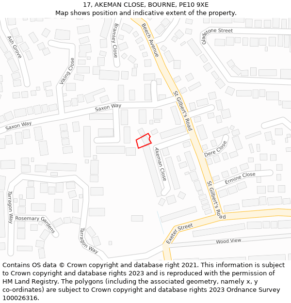 17, AKEMAN CLOSE, BOURNE, PE10 9XE: Location map and indicative extent of plot