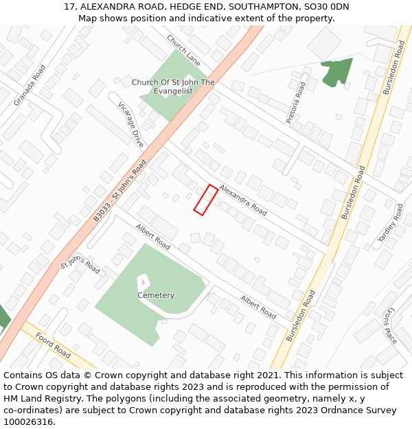 17, ALEXANDRA ROAD, HEDGE END, SOUTHAMPTON, SO30 0DN: Location map and indicative extent of plot