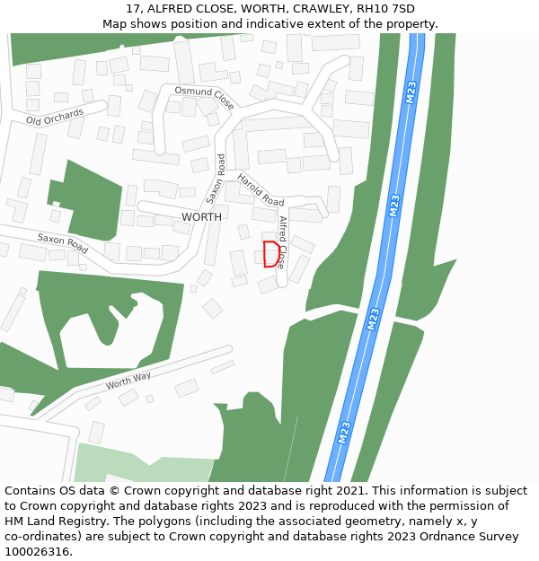 17, ALFRED CLOSE, WORTH, CRAWLEY, RH10 7SD: Location map and indicative extent of plot