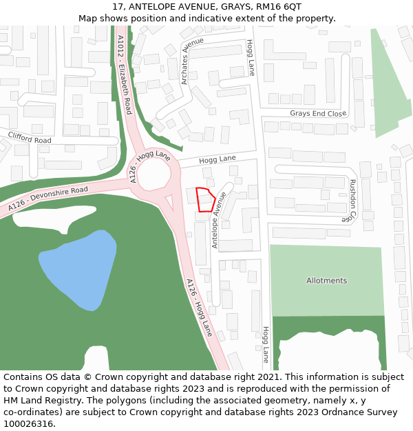 17, ANTELOPE AVENUE, GRAYS, RM16 6QT: Location map and indicative extent of plot