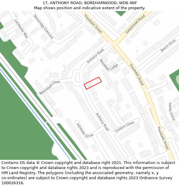 17, ANTHONY ROAD, BOREHAMWOOD, WD6 4NF: Location map and indicative extent of plot