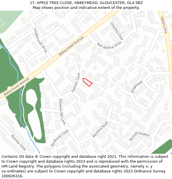 17, APPLE TREE CLOSE, ABBEYMEAD, GLOUCESTER, GL4 5BZ: Location map and indicative extent of plot