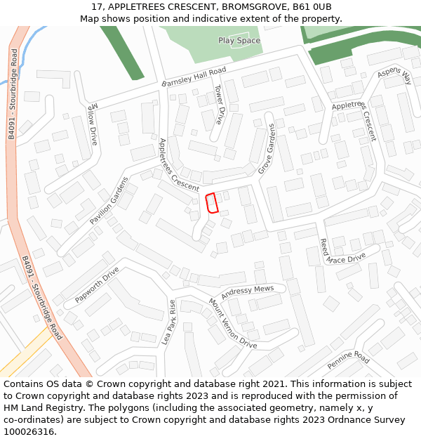 17, APPLETREES CRESCENT, BROMSGROVE, B61 0UB: Location map and indicative extent of plot