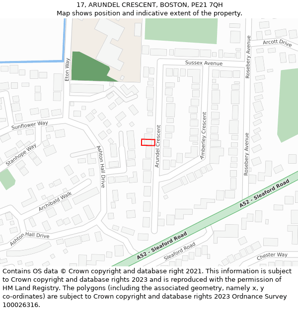 17, ARUNDEL CRESCENT, BOSTON, PE21 7QH: Location map and indicative extent of plot