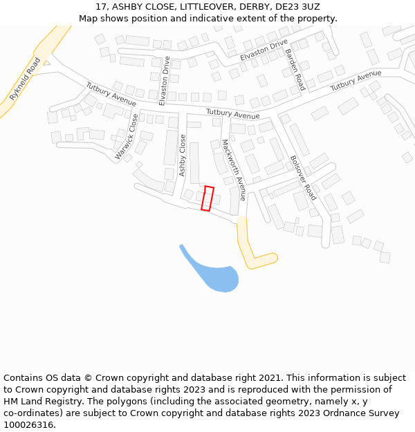 17, ASHBY CLOSE, LITTLEOVER, DERBY, DE23 3UZ: Location map and indicative extent of plot
