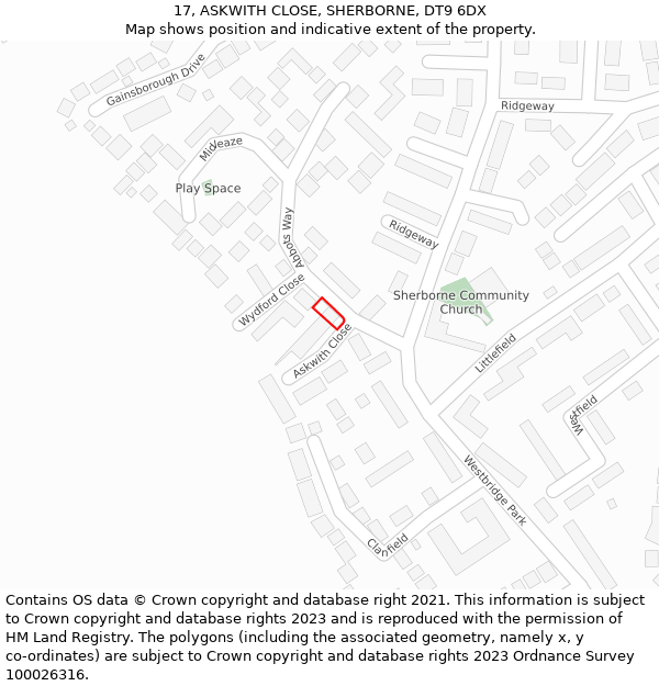 17, ASKWITH CLOSE, SHERBORNE, DT9 6DX: Location map and indicative extent of plot