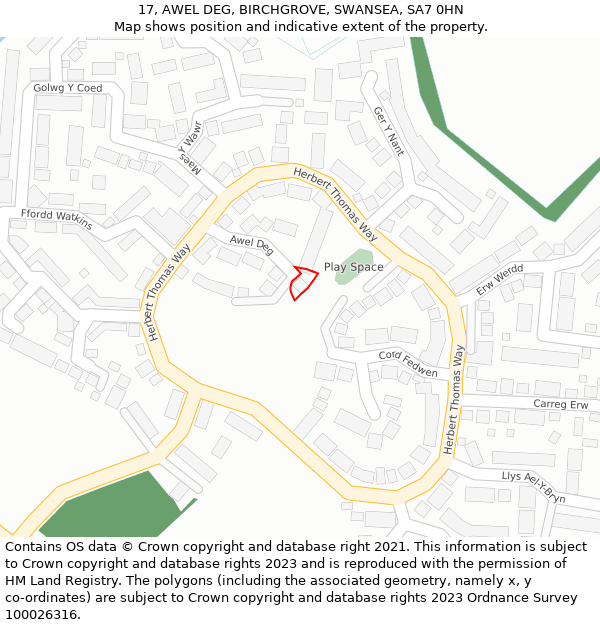 17, AWEL DEG, BIRCHGROVE, SWANSEA, SA7 0HN: Location map and indicative extent of plot