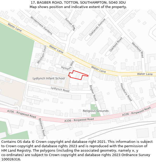 17, BAGBER ROAD, TOTTON, SOUTHAMPTON, SO40 3DU: Location map and indicative extent of plot