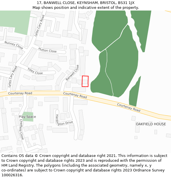 17, BANWELL CLOSE, KEYNSHAM, BRISTOL, BS31 1JX: Location map and indicative extent of plot