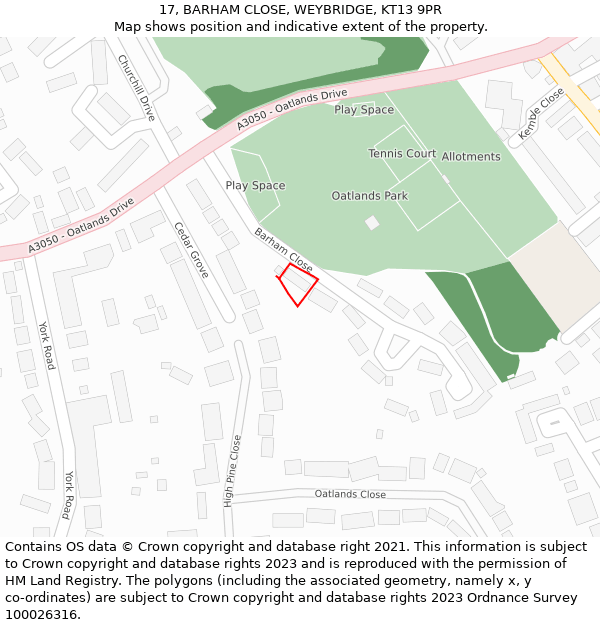 17, BARHAM CLOSE, WEYBRIDGE, KT13 9PR: Location map and indicative extent of plot