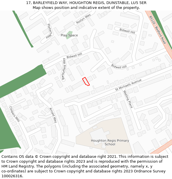 17, BARLEYFIELD WAY, HOUGHTON REGIS, DUNSTABLE, LU5 5ER: Location map and indicative extent of plot