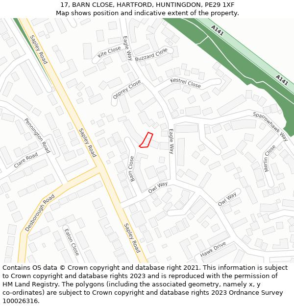 17, BARN CLOSE, HARTFORD, HUNTINGDON, PE29 1XF: Location map and indicative extent of plot