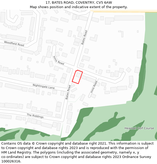 17, BATES ROAD, COVENTRY, CV5 6AW: Location map and indicative extent of plot