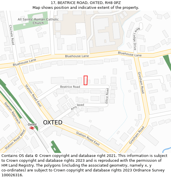 17, BEATRICE ROAD, OXTED, RH8 0PZ: Location map and indicative extent of plot