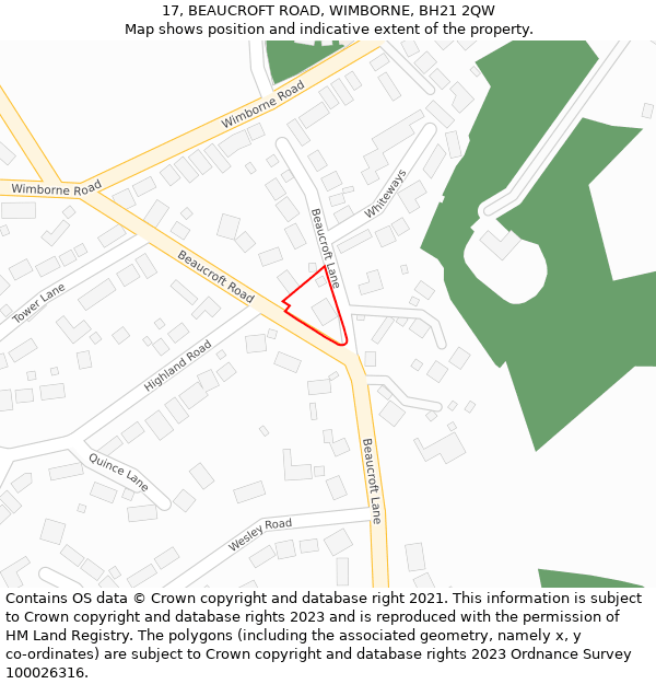 17, BEAUCROFT ROAD, WIMBORNE, BH21 2QW: Location map and indicative extent of plot