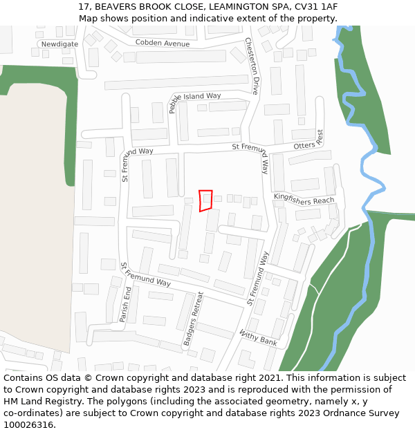 17, BEAVERS BROOK CLOSE, LEAMINGTON SPA, CV31 1AF: Location map and indicative extent of plot