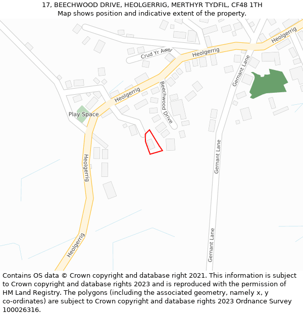 17, BEECHWOOD DRIVE, HEOLGERRIG, MERTHYR TYDFIL, CF48 1TH: Location map and indicative extent of plot