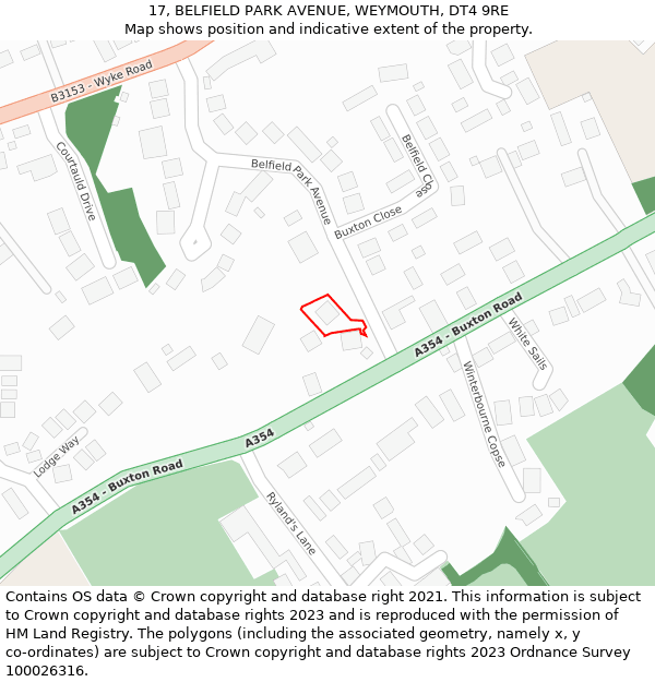 17, BELFIELD PARK AVENUE, WEYMOUTH, DT4 9RE: Location map and indicative extent of plot
