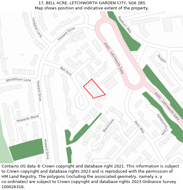 17, BELL ACRE, LETCHWORTH GARDEN CITY, SG6 2BS: Location map and indicative extent of plot