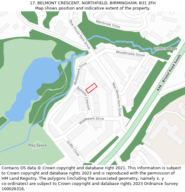 17, BELMONT CRESCENT, NORTHFIELD, BIRMINGHAM, B31 2FH: Location map and indicative extent of plot