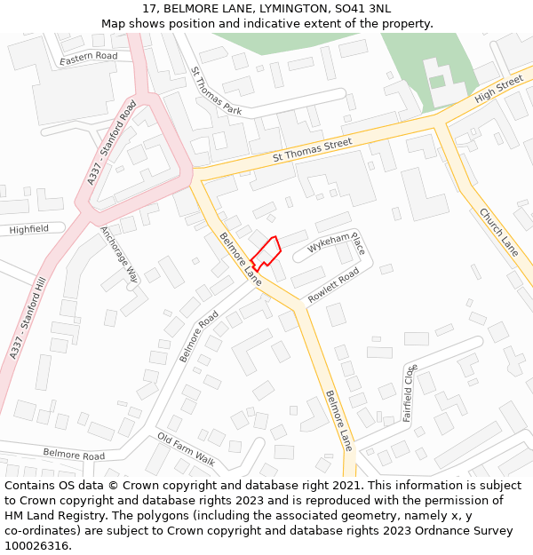 17, BELMORE LANE, LYMINGTON, SO41 3NL: Location map and indicative extent of plot