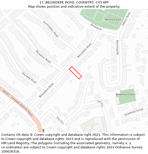 17, BELVEDERE ROAD, COVENTRY, CV5 6PF: Location map and indicative extent of plot