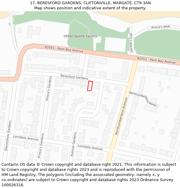 17, BERESFORD GARDENS, CLIFTONVILLE, MARGATE, CT9 3AN: Location map and indicative extent of plot