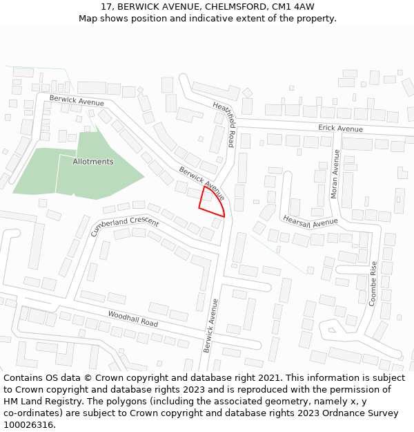 17, BERWICK AVENUE, CHELMSFORD, CM1 4AW: Location map and indicative extent of plot