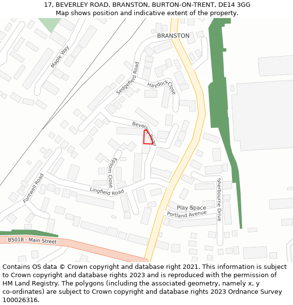 17, BEVERLEY ROAD, BRANSTON, BURTON-ON-TRENT, DE14 3GG: Location map and indicative extent of plot