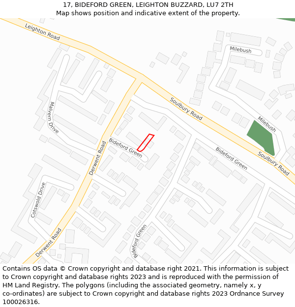 17, BIDEFORD GREEN, LEIGHTON BUZZARD, LU7 2TH: Location map and indicative extent of plot