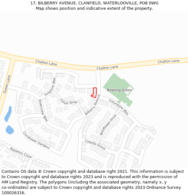 17, BILBERRY AVENUE, CLANFIELD, WATERLOOVILLE, PO8 0WG: Location map and indicative extent of plot