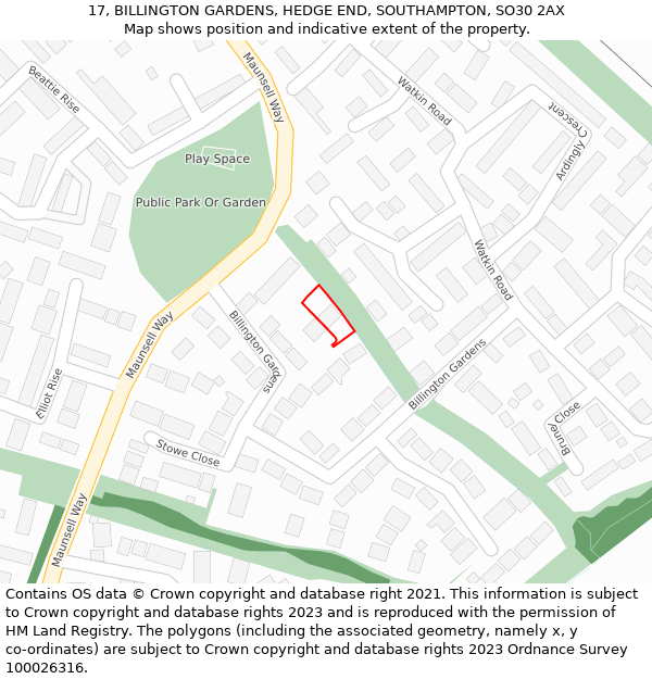 17, BILLINGTON GARDENS, HEDGE END, SOUTHAMPTON, SO30 2AX: Location map and indicative extent of plot