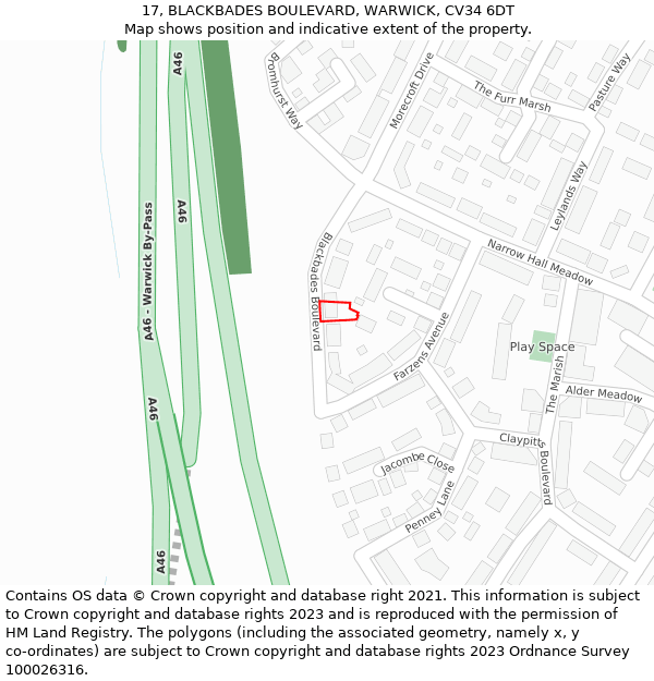 17, BLACKBADES BOULEVARD, WARWICK, CV34 6DT: Location map and indicative extent of plot