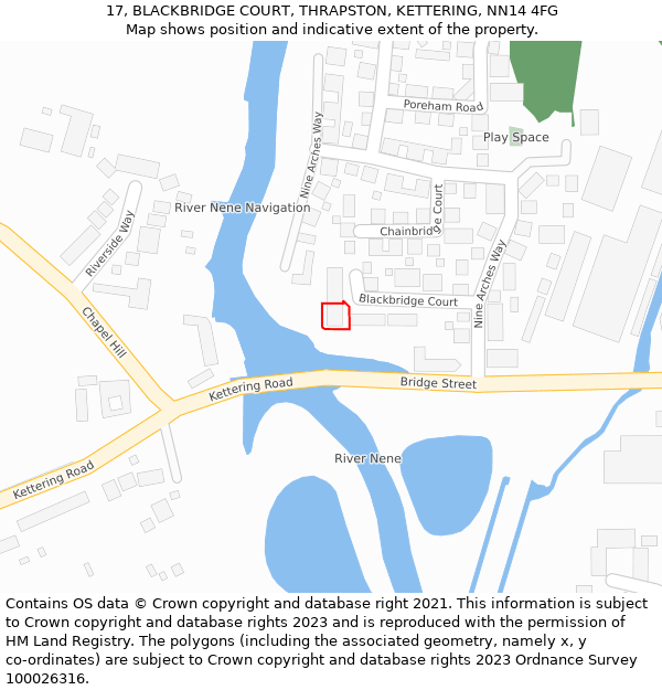 17, BLACKBRIDGE COURT, THRAPSTON, KETTERING, NN14 4FG: Location map and indicative extent of plot