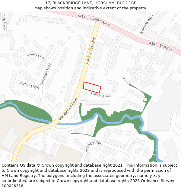 17, BLACKBRIDGE LANE, HORSHAM, RH12 1RP: Location map and indicative extent of plot