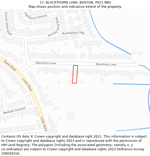 17, BLACKTHORN LANE, BOSTON, PE21 9BG: Location map and indicative extent of plot